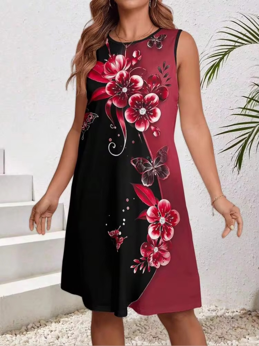 Emory Rose Sleeveless Floral A-Line Dress in Burgundy and Black-NWOT